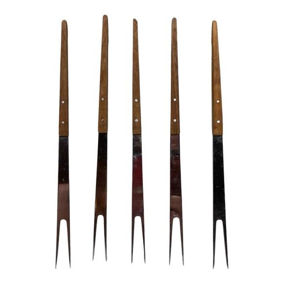 Vintage MCM Walnut & Stainless Fondue Forks (5) - Picture 3 of 4